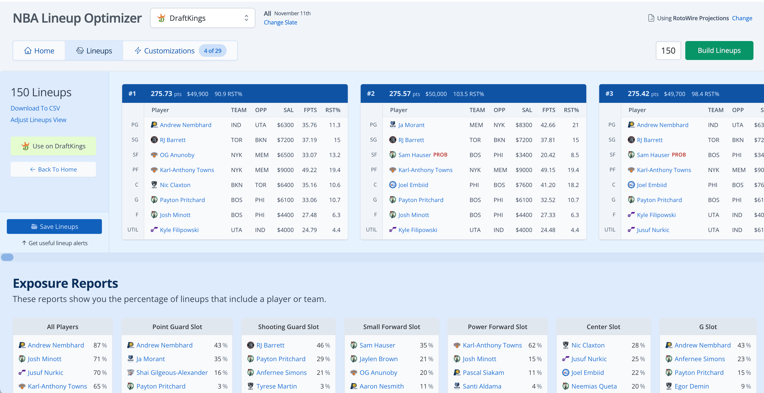 Screenshot of Lineup Optimizer