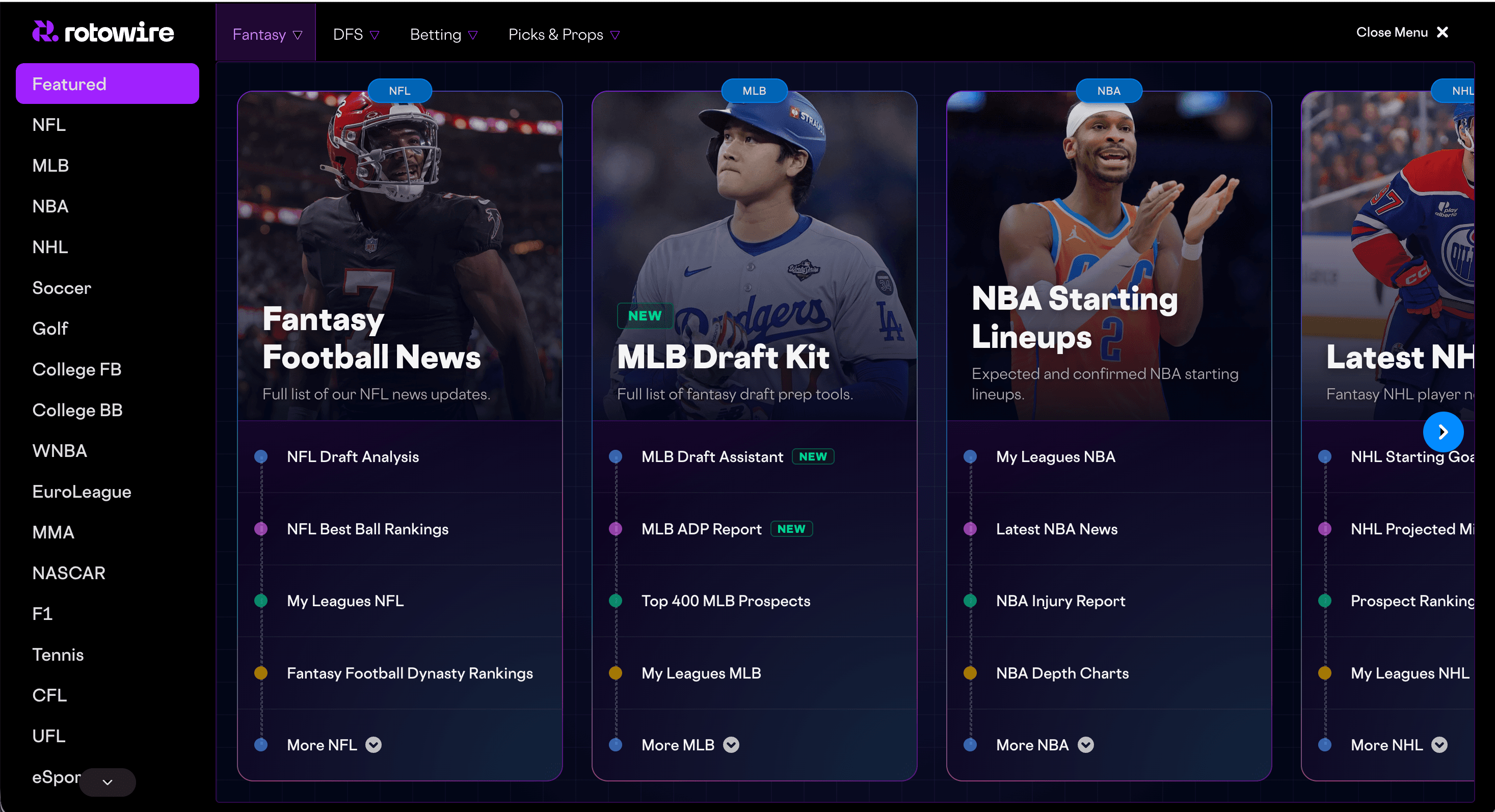 Screenshot of RotoWire Navigation